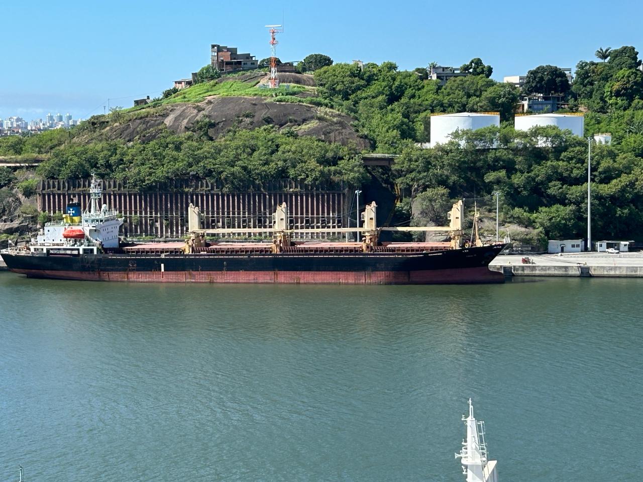 Navio e terminal em operação portuária no Espírito Santo